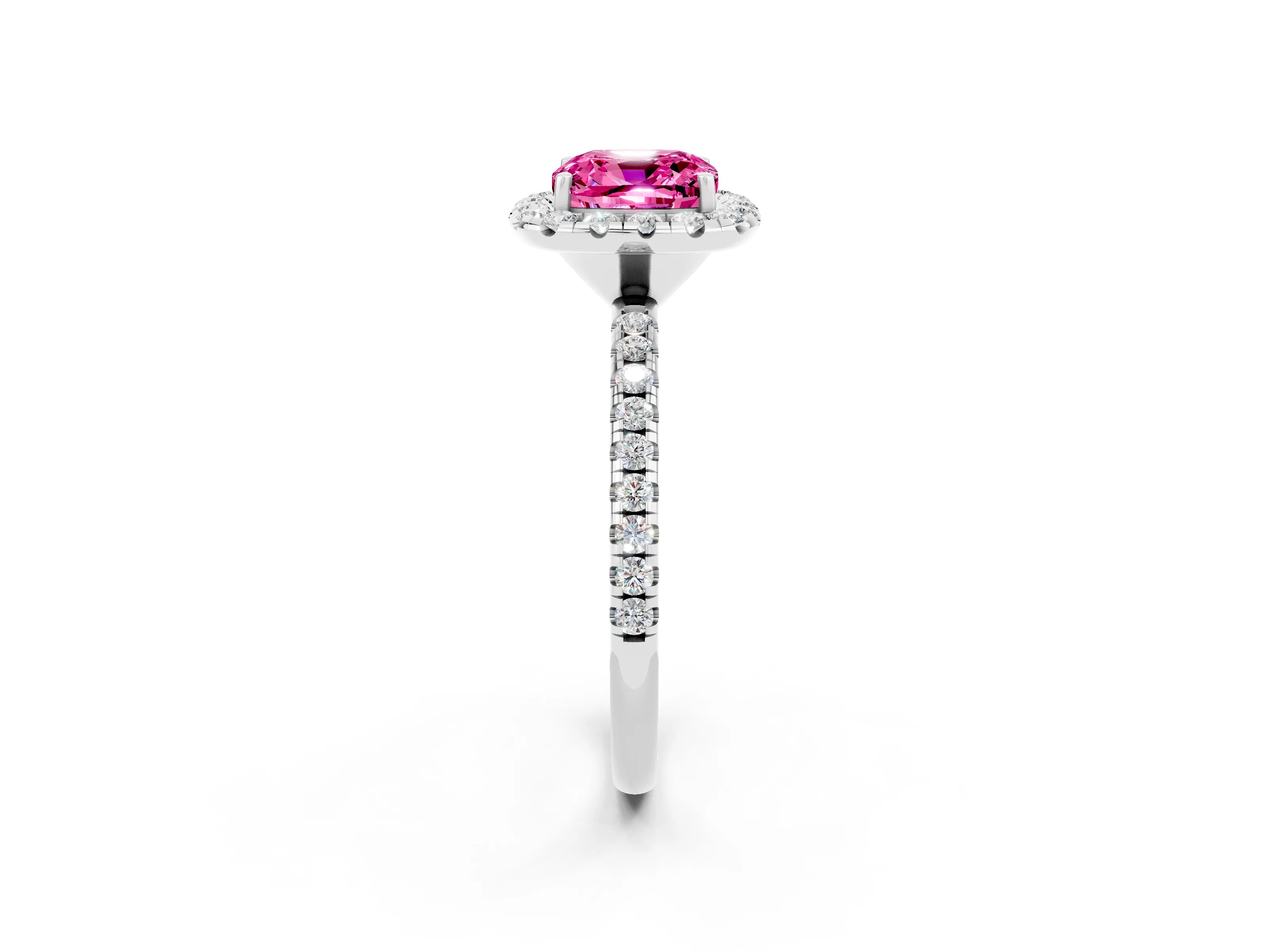 White gold Cushion Cut Cut Diamond Floral Halo Engagement Ring with Pavé Band and Prong Setting_2