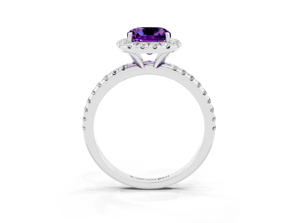Platinum Cushion Cut Cut Diamond Floral Halo Engagement Ring with Pavé Band and Prong Setting