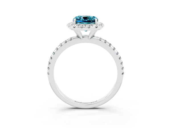 Platinum Cushion Cut Cut Diamond Floral Halo Engagement Ring with Pavé Band and Prong Setting