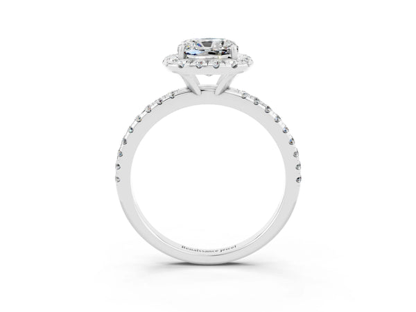 Silver Cushion Cut Moissanite Halo Engagement Ring with Round Pavé Band and Prong Setting