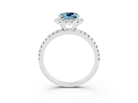 White gold Cushion Cut Cut Diamond Floral Halo Engagement Ring with Pavé Band and Prong Setting_3