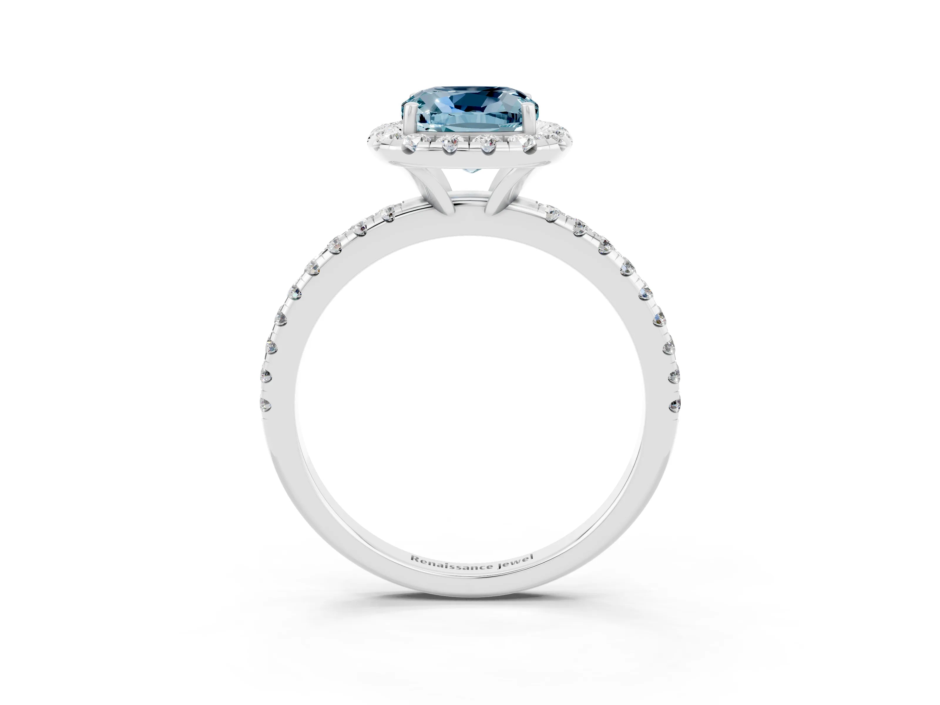 White gold Cushion Cut Cut Diamond Floral Halo Engagement Ring with Pavé Band and Prong Setting_3