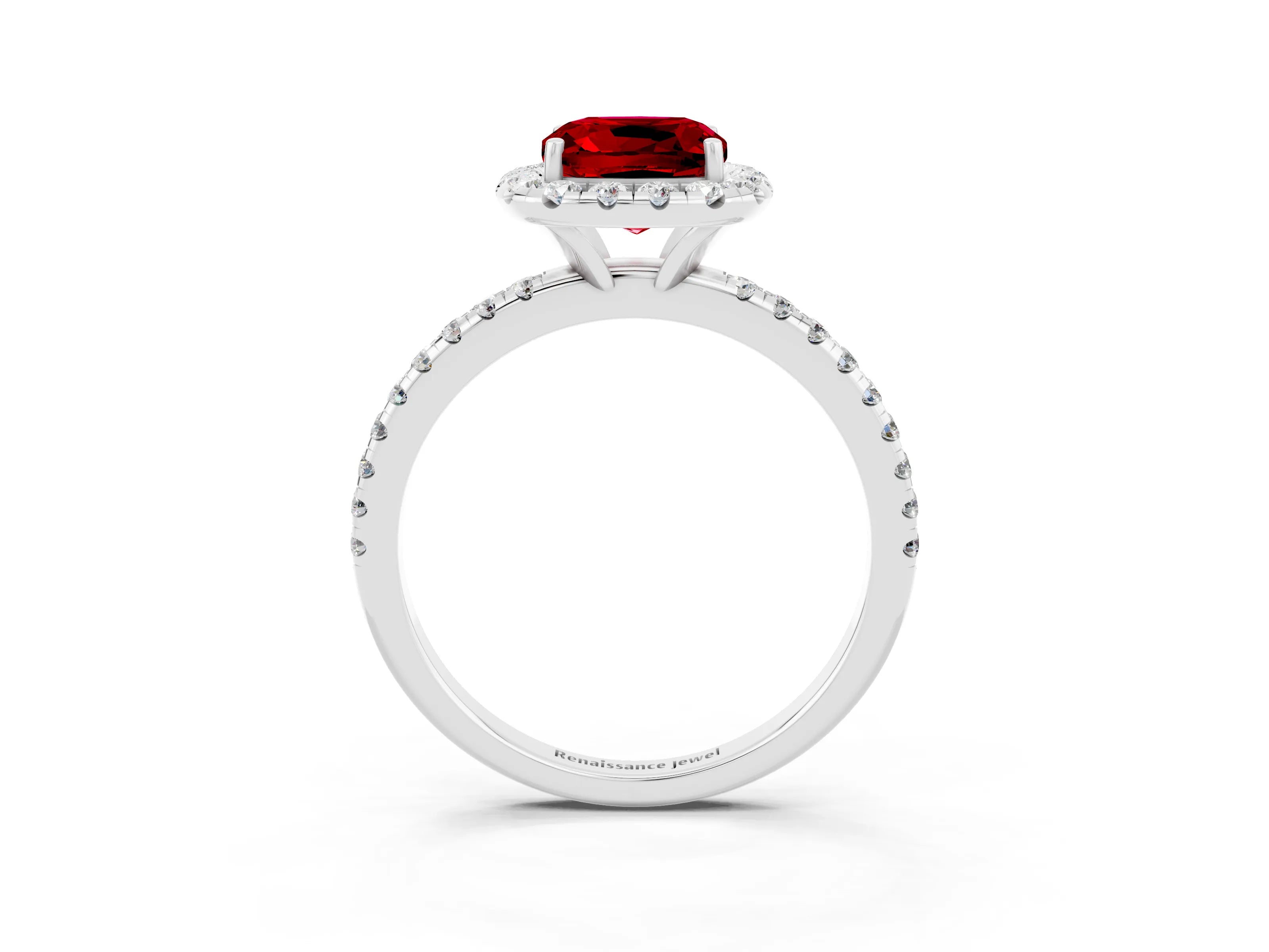 White gold Cushion Cut Cut Diamond Floral Halo Engagement Ring with Pavé Band and Prong Setting_3