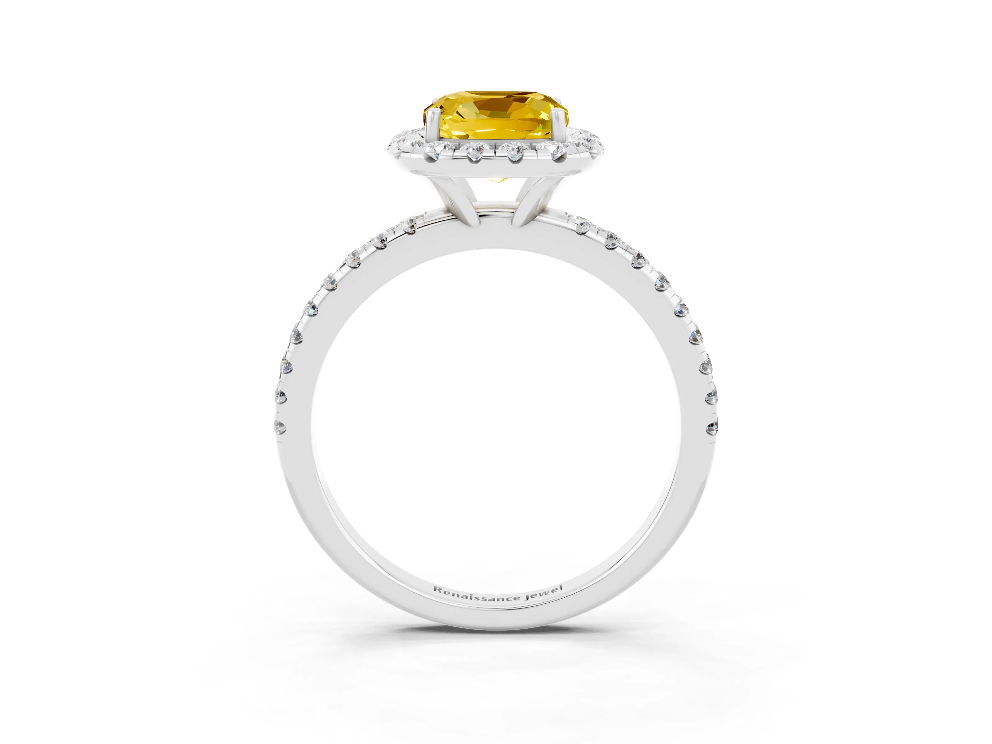 White gold Cushion Cut Cut Diamond Floral Halo Engagement Ring with Pavé Band and Prong Setting_3