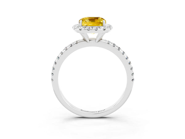 Platinum Cushion Cut Yellow Sapphire Halo Engagement Ring with Round Pavé Band and Prong Setting