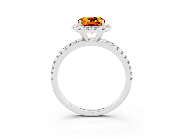 White gold Cushion Cut Citrine Halo Engagement Ring with Round Pavé Band and Prong Setting