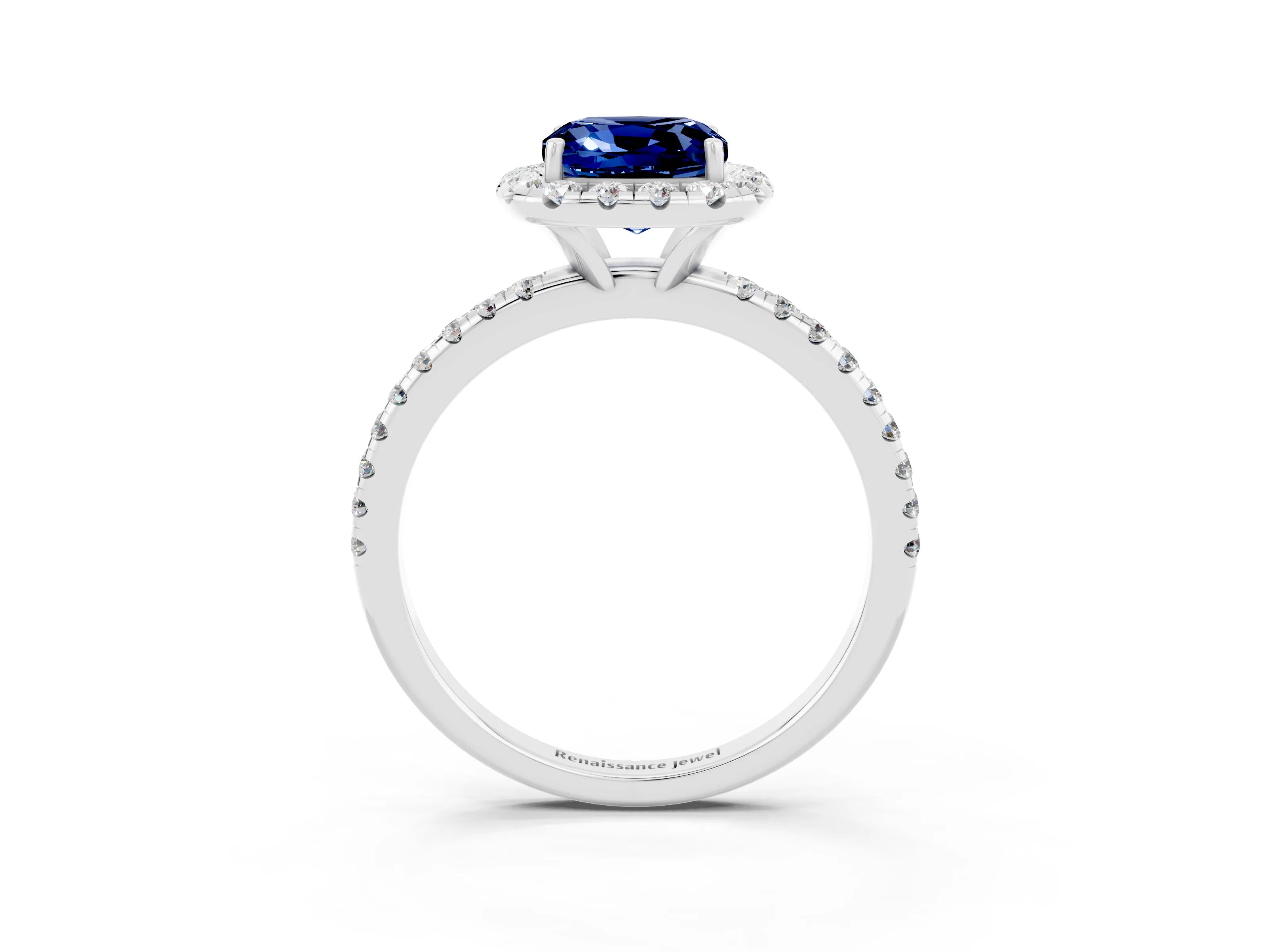 White gold Cushion Cut Cut Diamond Floral Halo Engagement Ring with Pavé Band and Prong Setting_3