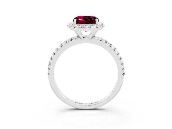 Silver Cushion Cut Garnet Halo Engagement Ring with Round Pavé Band and Prong Setting