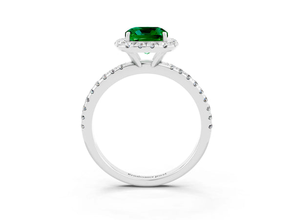 Silver Cushion Cut Emerald Halo Engagement Ring with Round Pavé Band and Prong Setting