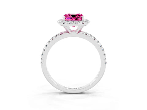 White gold Cushion Cut Cut Diamond Floral Halo Engagement Ring with Pavé Band and Prong Setting_3