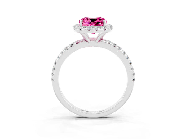 Platinum Cushion Cut Cut Diamond Floral Halo Engagement Ring with Pavé Band and Prong Setting