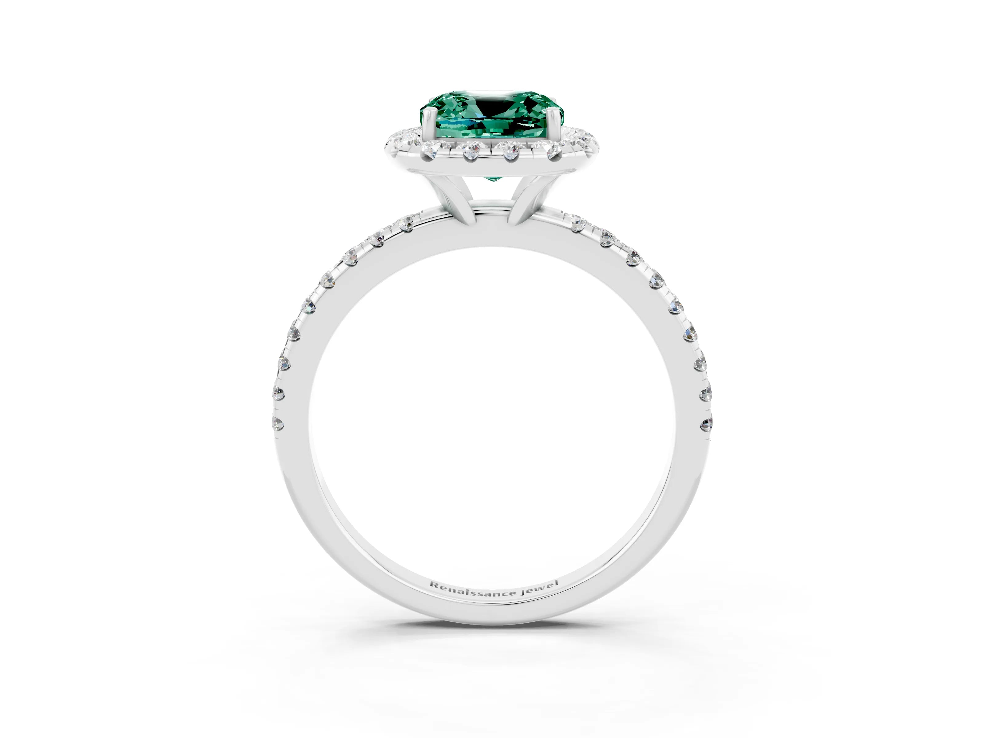 White gold Cushion Cut Cut Diamond Floral Halo Engagement Ring with Pavé Band and Prong Setting_3