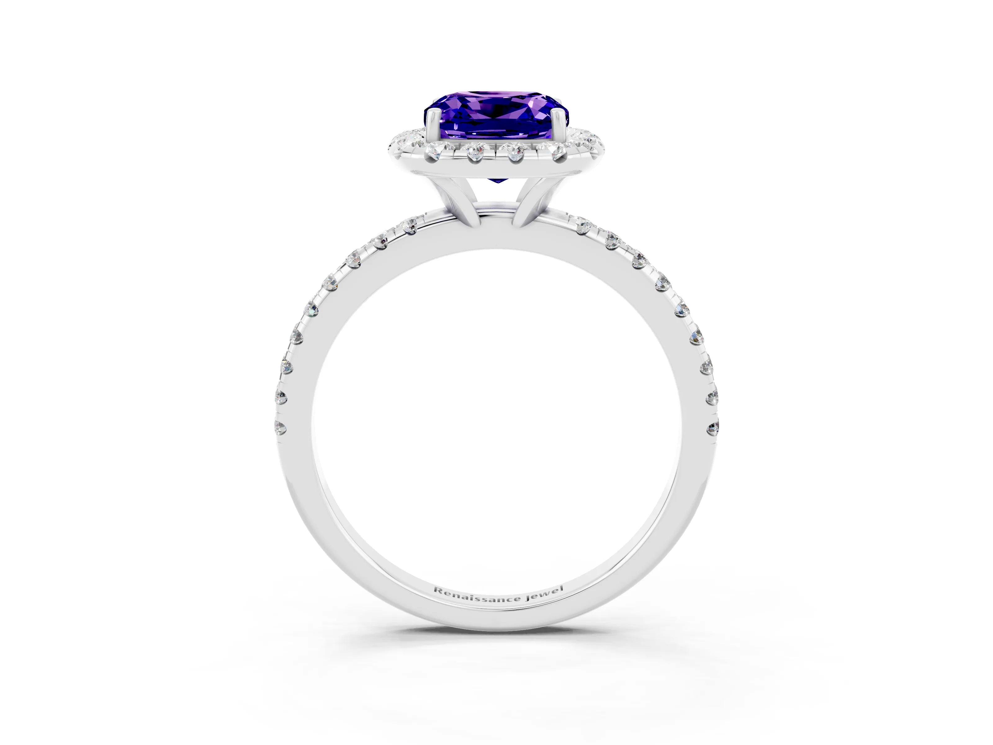 White gold Cushion Cut Cut Diamond Floral Halo Engagement Ring with Pavé Band and Prong Setting_3
