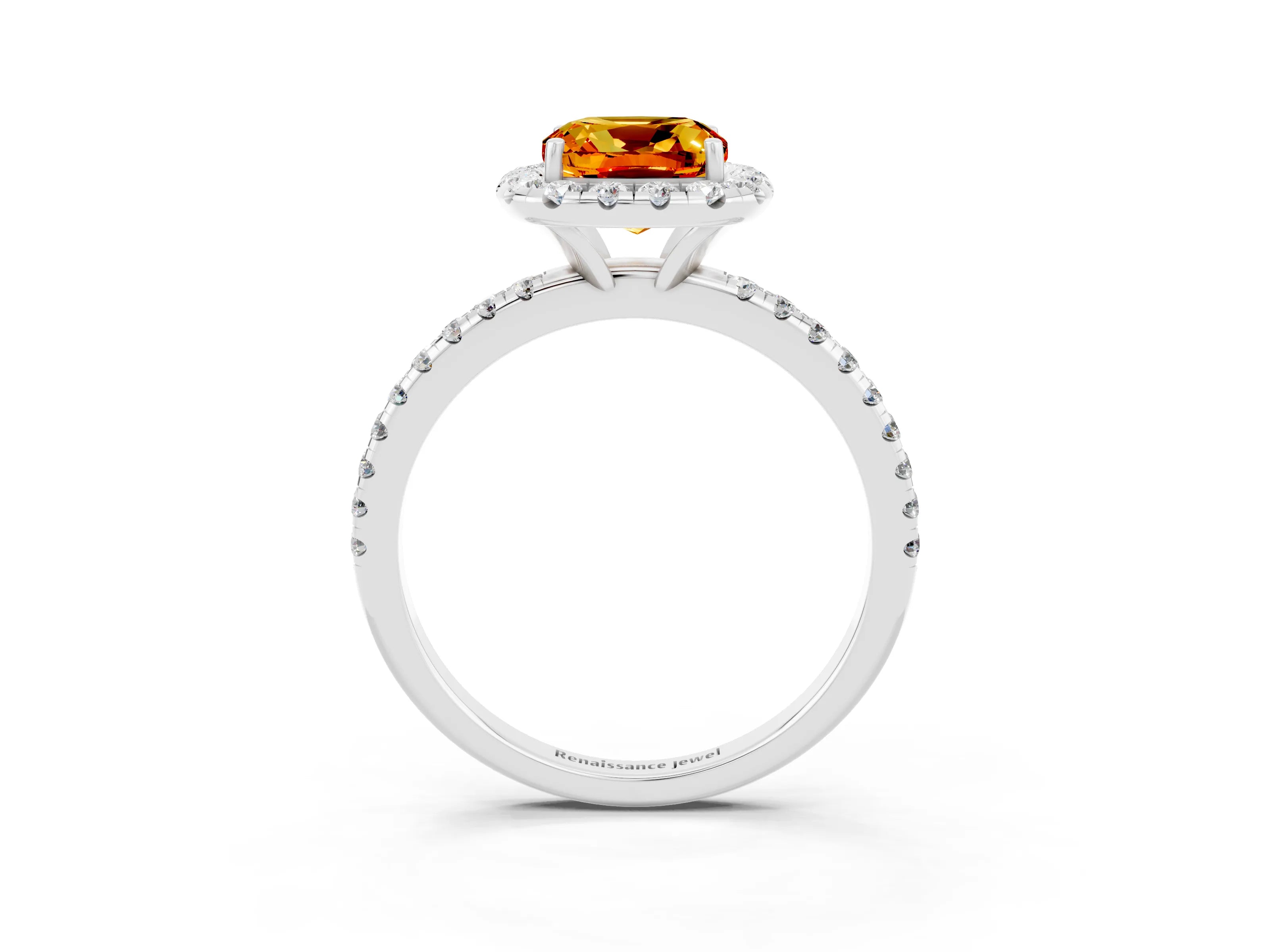 White gold Cushion Cut Cut Diamond Floral Halo Engagement Ring with Pavé Band and Prong Setting_3