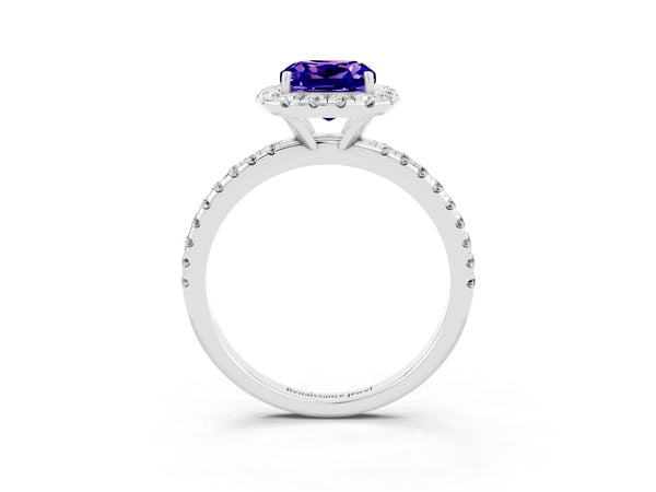 Silver Cushion Cut Tanzanite Halo Engagement Ring with Round Pavé Band and Prong Setting