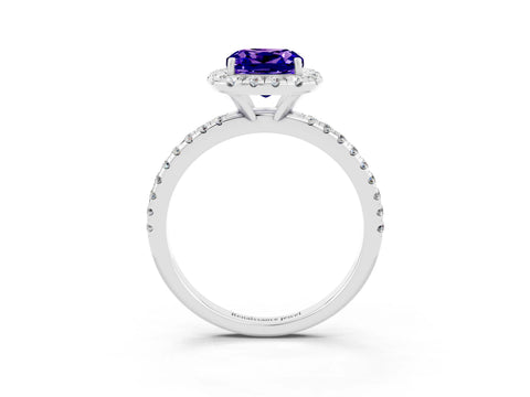 White gold Cushion Cut Cut Diamond Floral Halo Engagement Ring with Pavé Band and Prong Setting_3