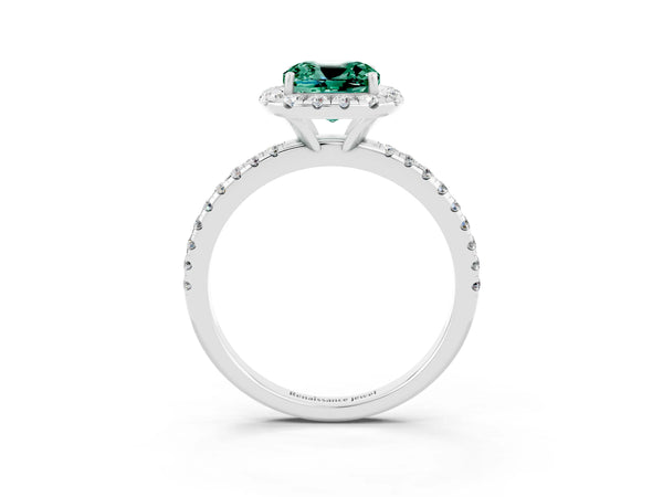 White gold Cushion Cut Green Sapphire Halo Engagement Ring with Round Pavé Band and Prong Setting