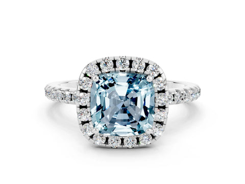 White gold Cushion Cut Cut Diamond Floral Halo Engagement Ring with Pavé Band and Prong Setting