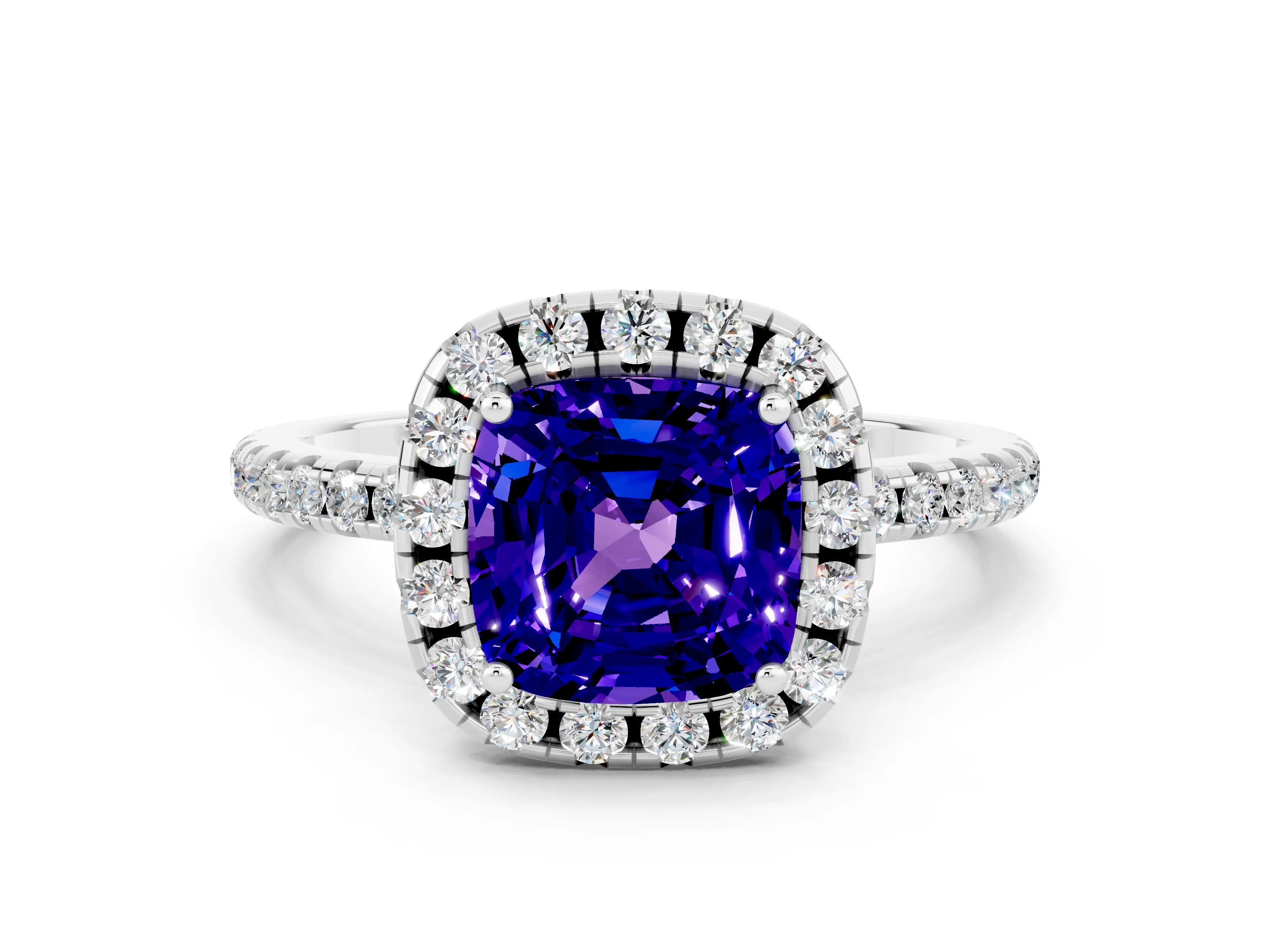 White gold Cushion Cut Cut Diamond Floral Halo Engagement Ring with Pavé Band and Prong Setting