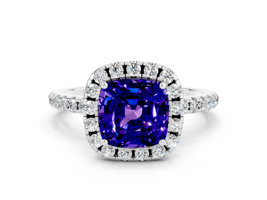 White gold Cushion Cut Cut Diamond Floral Halo Engagement Ring with Pavé Band and Prong Setting