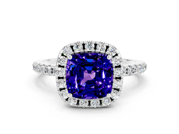 White gold Cushion Cut Tanzanite Halo Engagement Ring with Round Pavé Band and Prong Setting