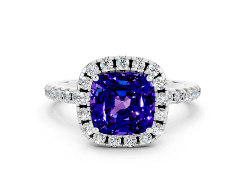 White gold Cushion Cut Cut Diamond Floral Halo Engagement Ring with Pavé Band and Prong Setting