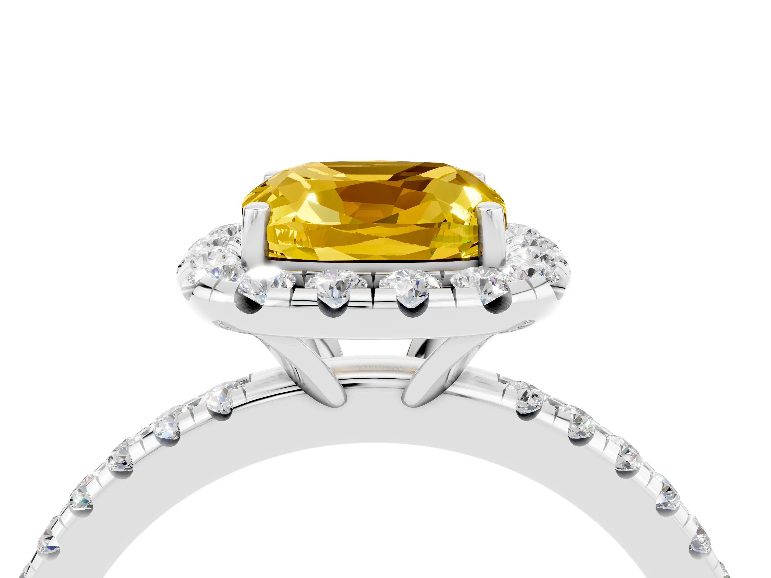 White gold Cushion Cut Cut Diamond Floral Halo Engagement Ring with Pavé Band and Prong Setting_4