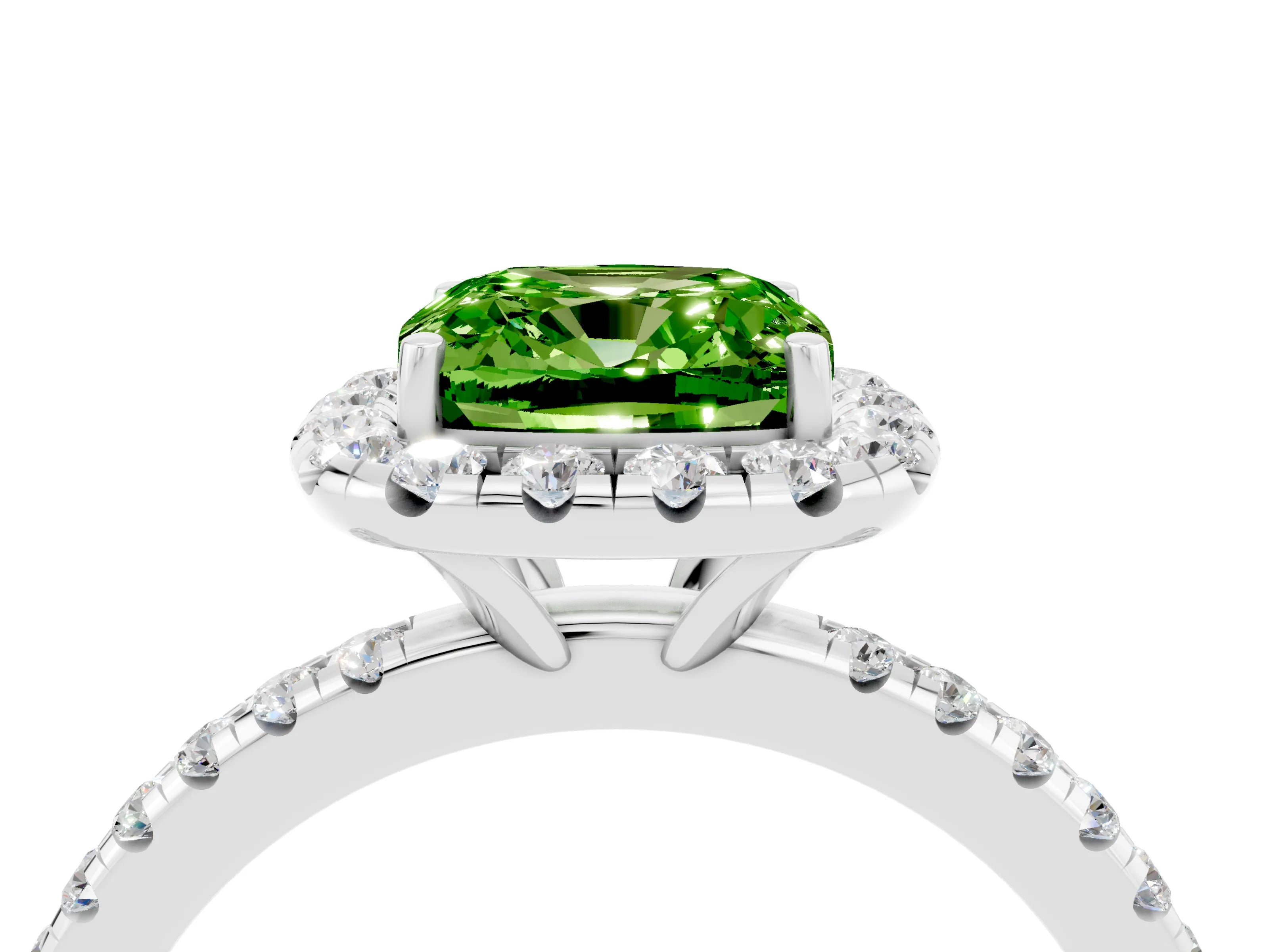 White gold Cushion Cut Cut Diamond Floral Halo Engagement Ring with Pavé Band and Prong Setting_4