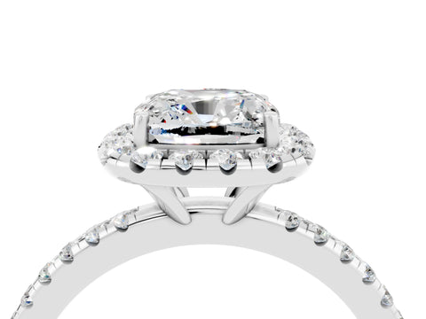 White gold Cushion Cut Cut Diamond Floral Halo Engagement Ring with Pavé Band and Prong Setting_4