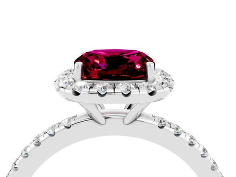 White gold Cushion Cut Cut Diamond Floral Halo Engagement Ring with Pavé Band and Prong Setting_4