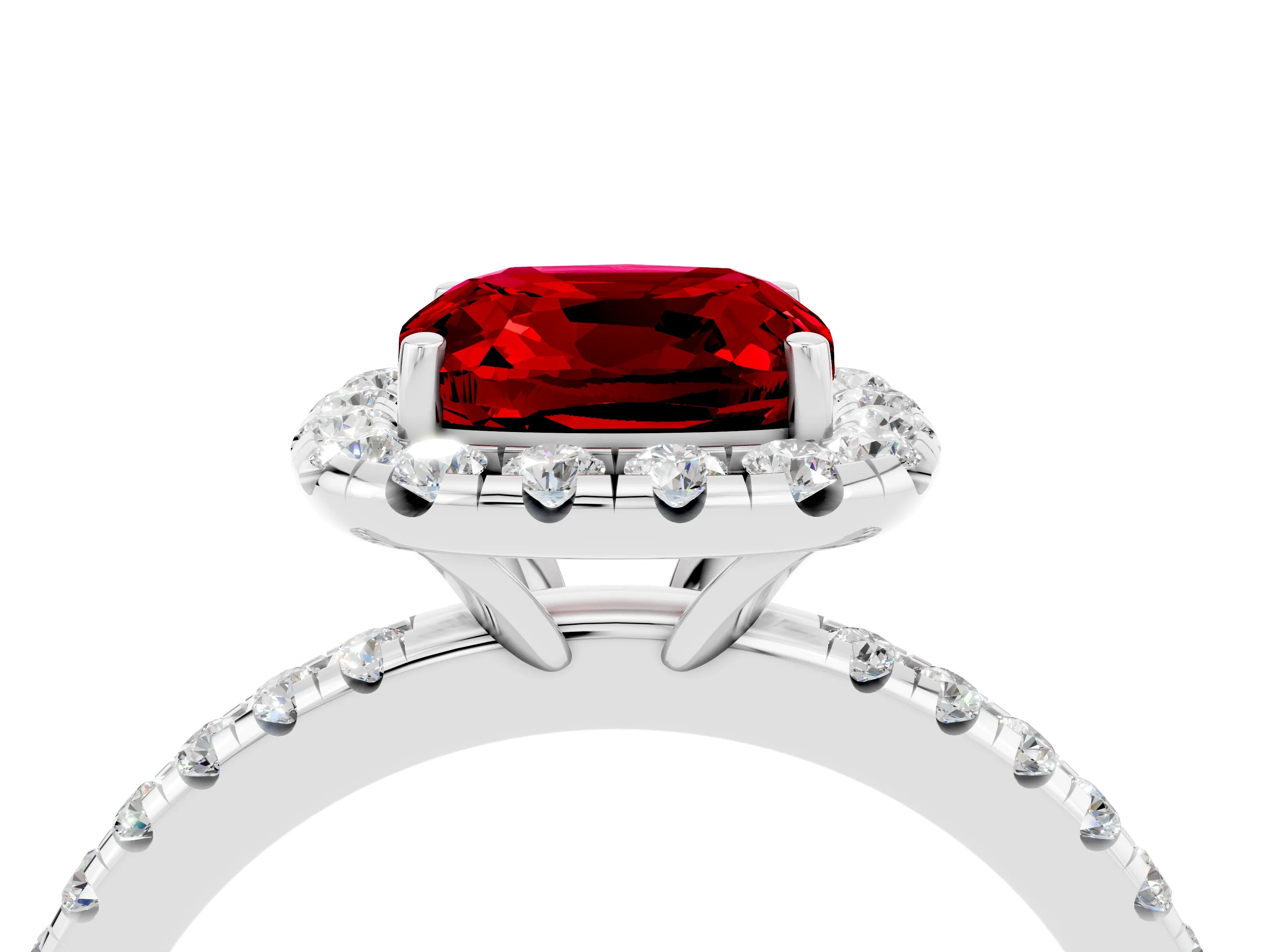 White gold Cushion Cut Cut Diamond Floral Halo Engagement Ring with Pavé Band and Prong Setting_4