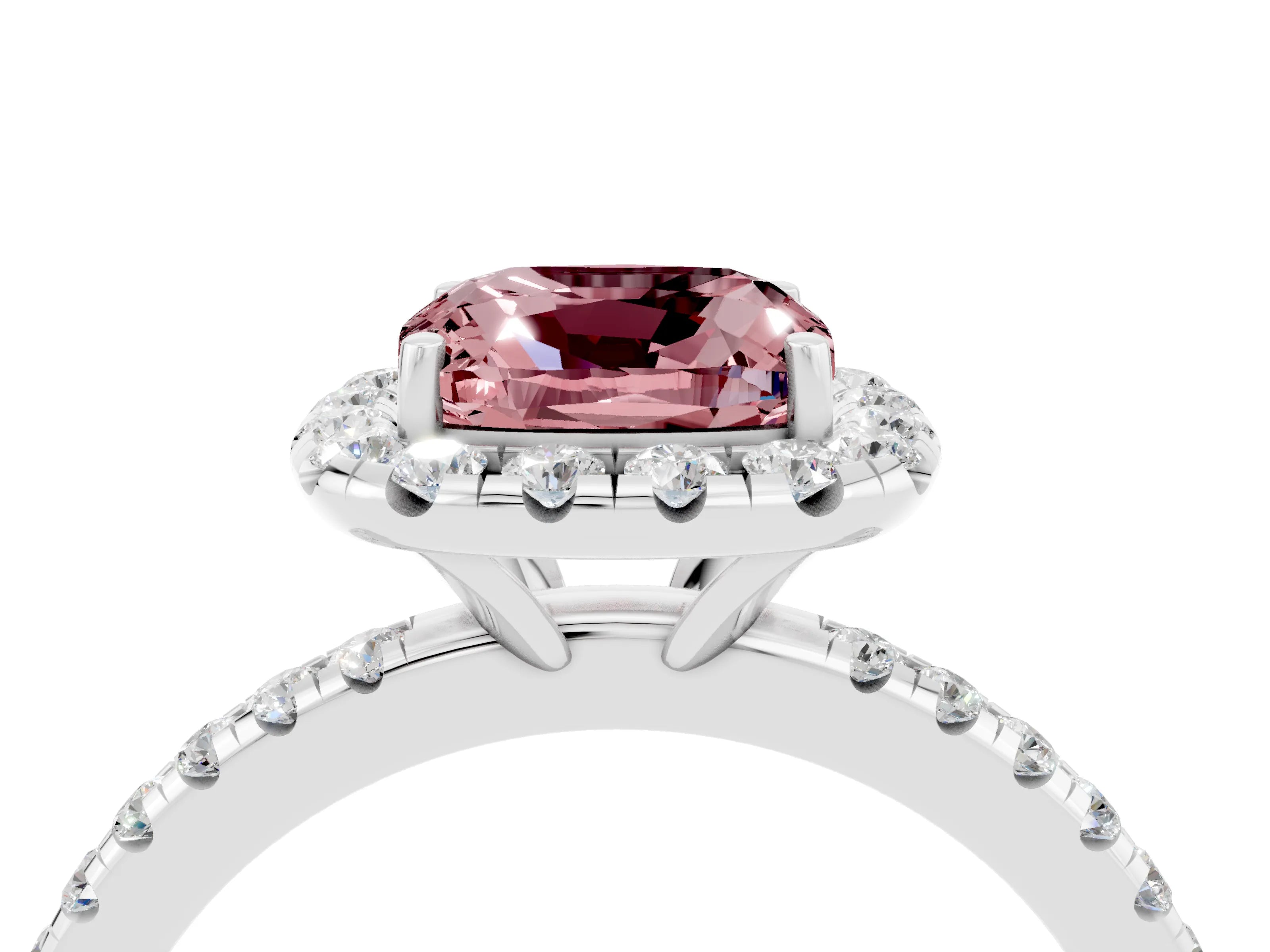 White gold Cushion Cut Cut Diamond Floral Halo Engagement Ring with Pavé Band and Prong Setting_4