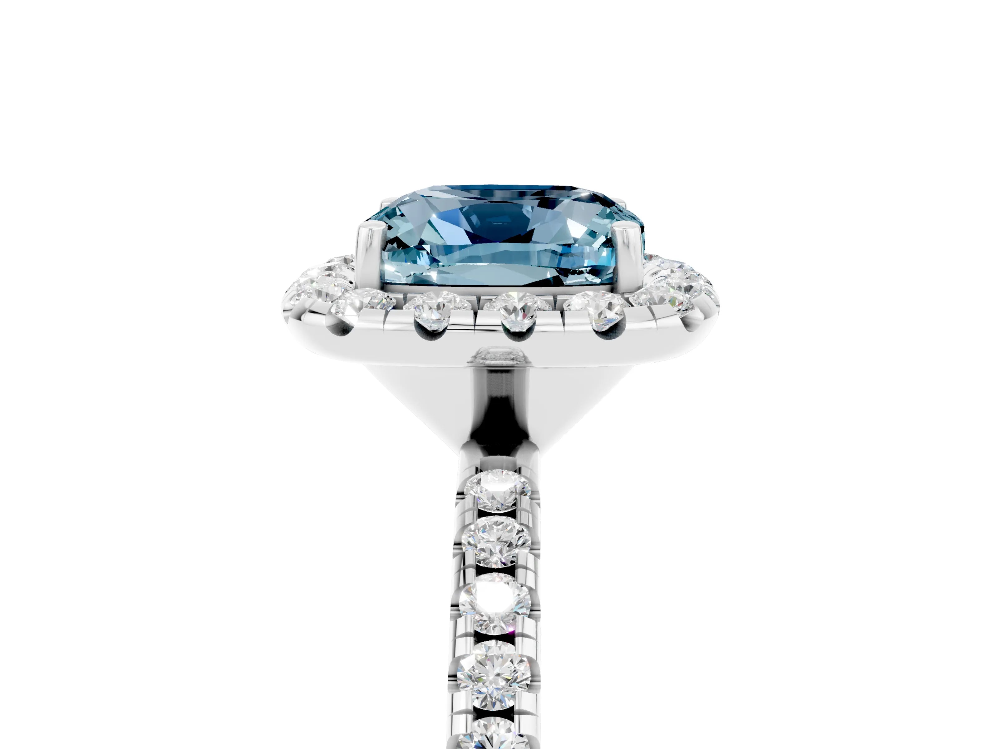 White gold Cushion Cut Cut Diamond Floral Halo Engagement Ring with Pavé Band and Prong Setting_5