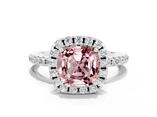Platinum Cushion Cut Cut Diamond Floral Halo Engagement Ring with Pavé Band and Prong Setting