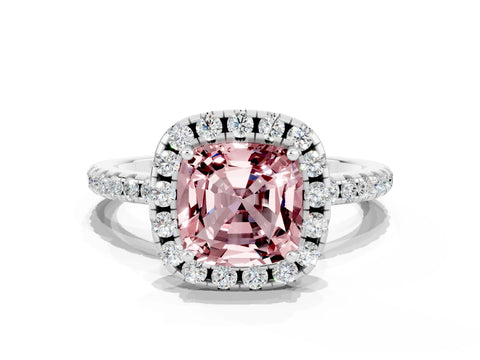 White gold Cushion Cut Cut Diamond Floral Halo Engagement Ring with Pavé Band and Prong Setting