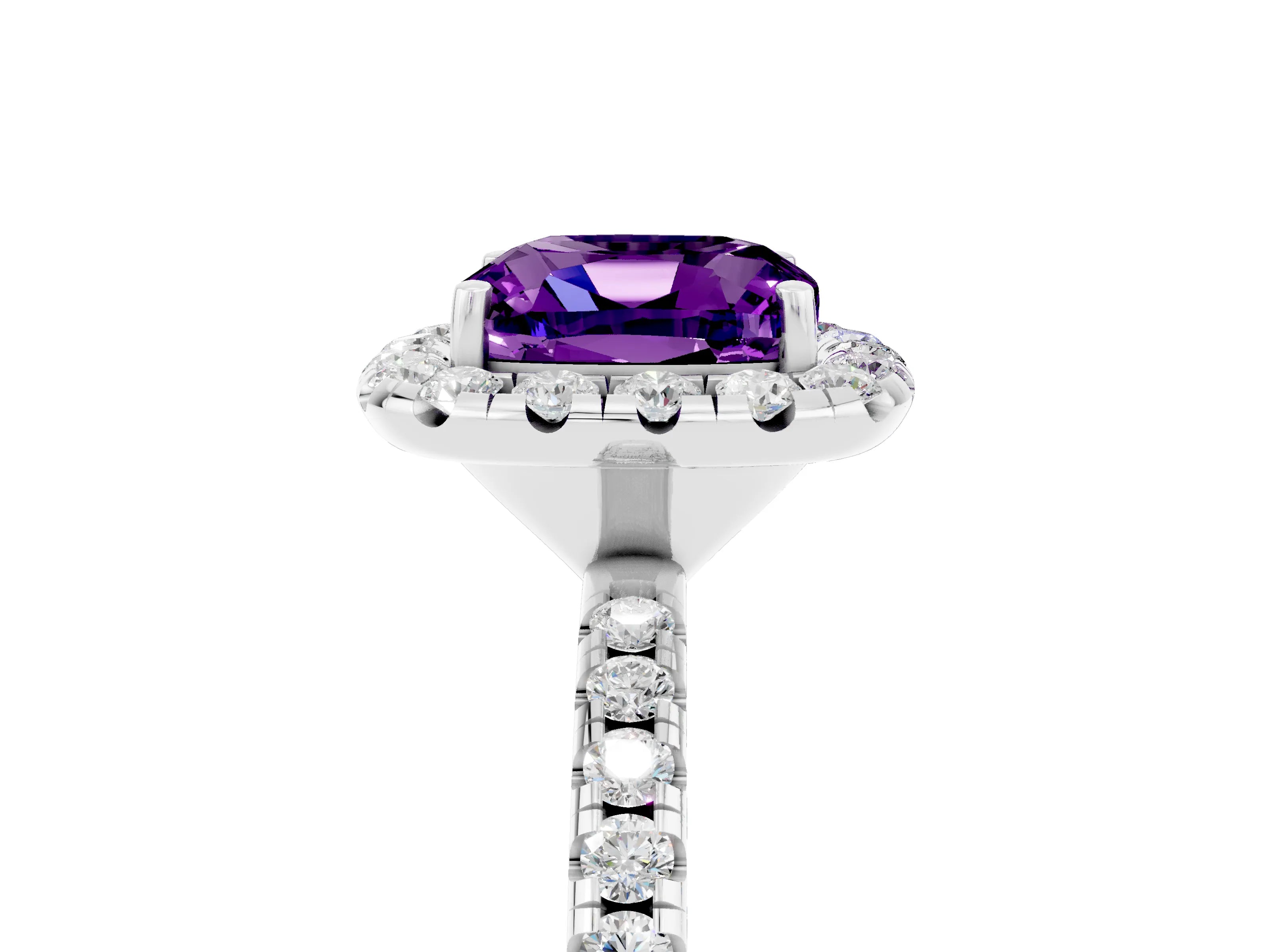 White gold Cushion Cut Cut Diamond Floral Halo Engagement Ring with Pavé Band and Prong Setting_5