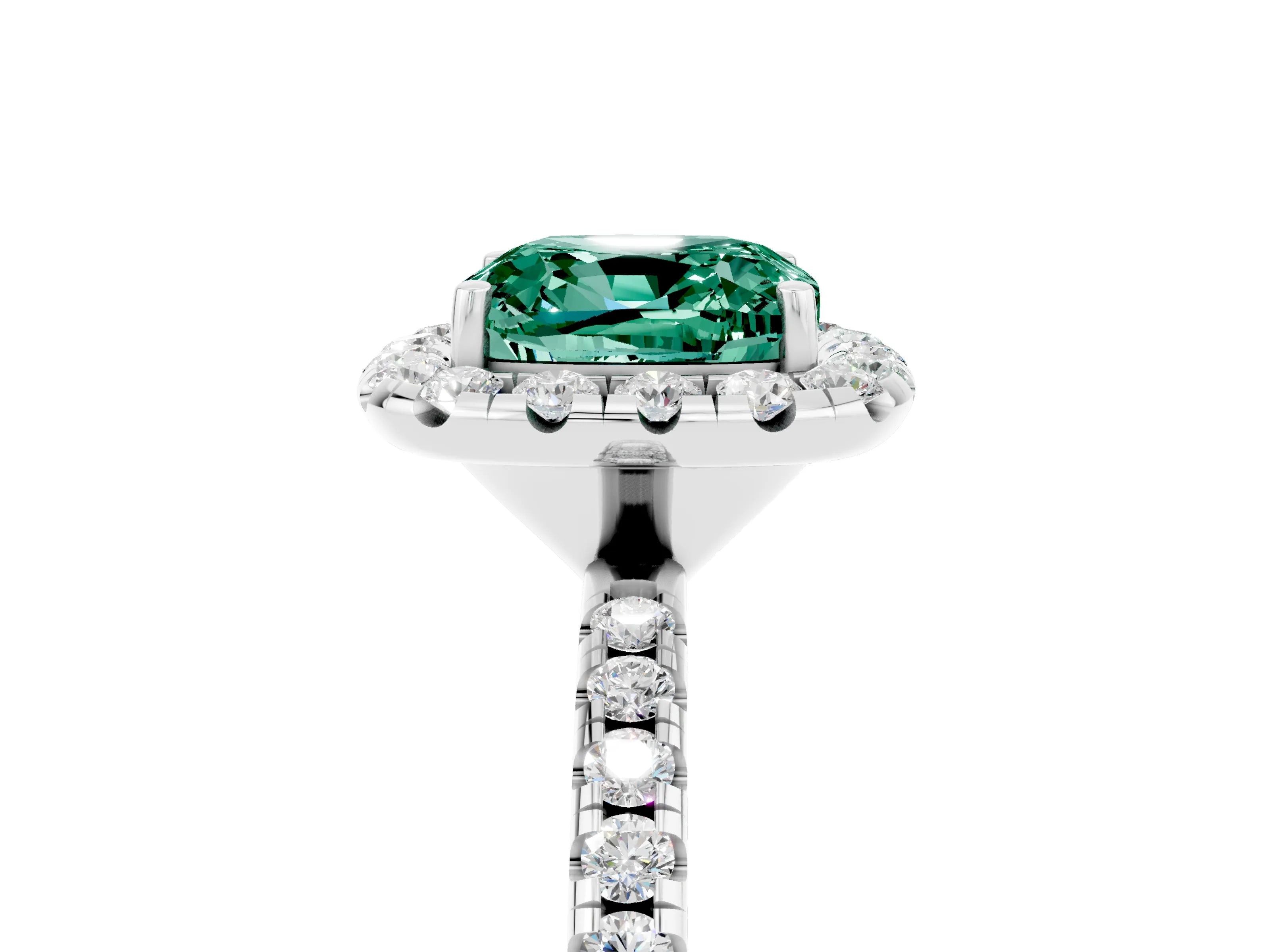 White gold Cushion Cut Cut Diamond Floral Halo Engagement Ring with Pavé Band and Prong Setting_5