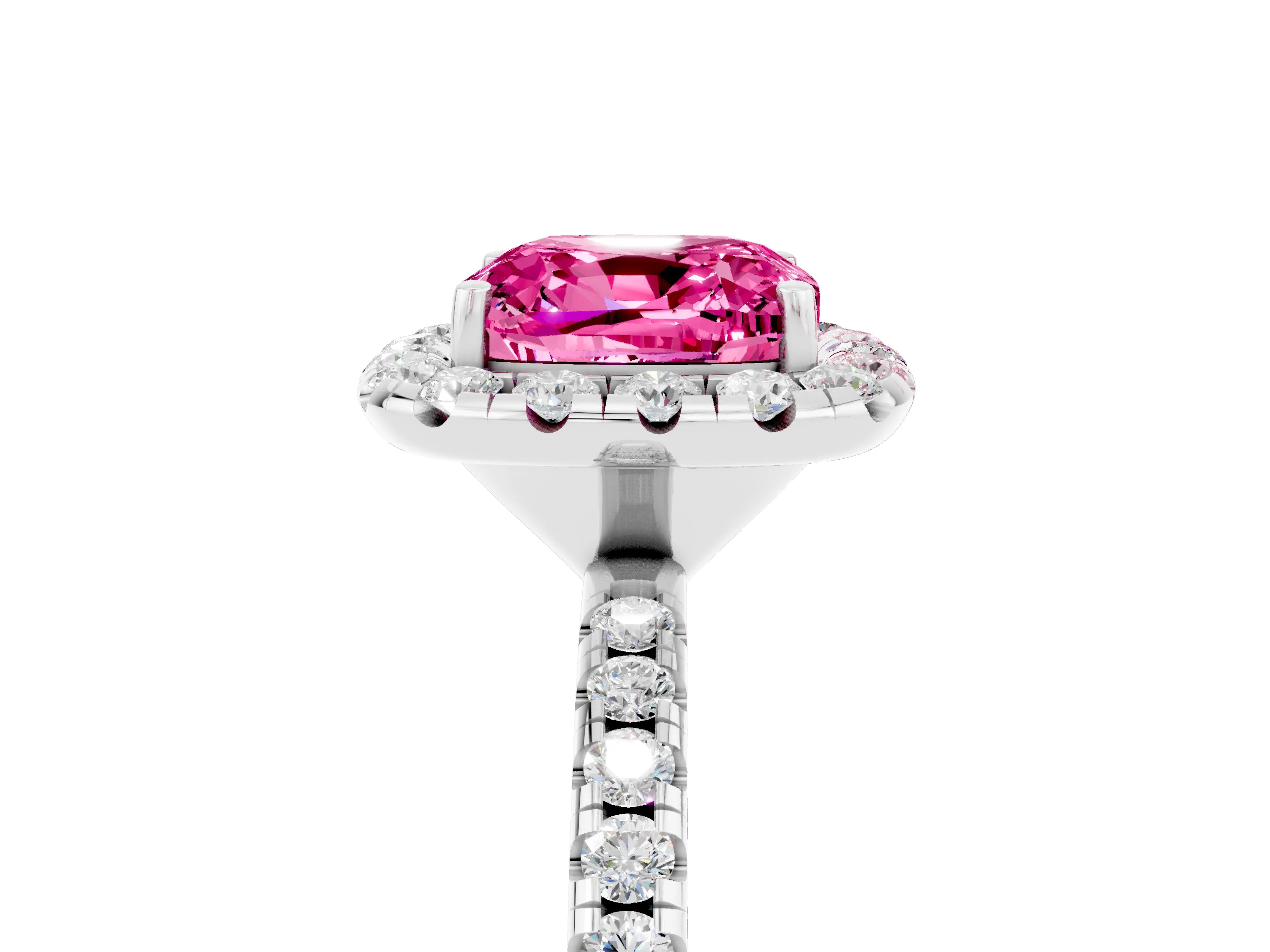 White gold Cushion Cut Cut Diamond Floral Halo Engagement Ring with Pavé Band and Prong Setting_5