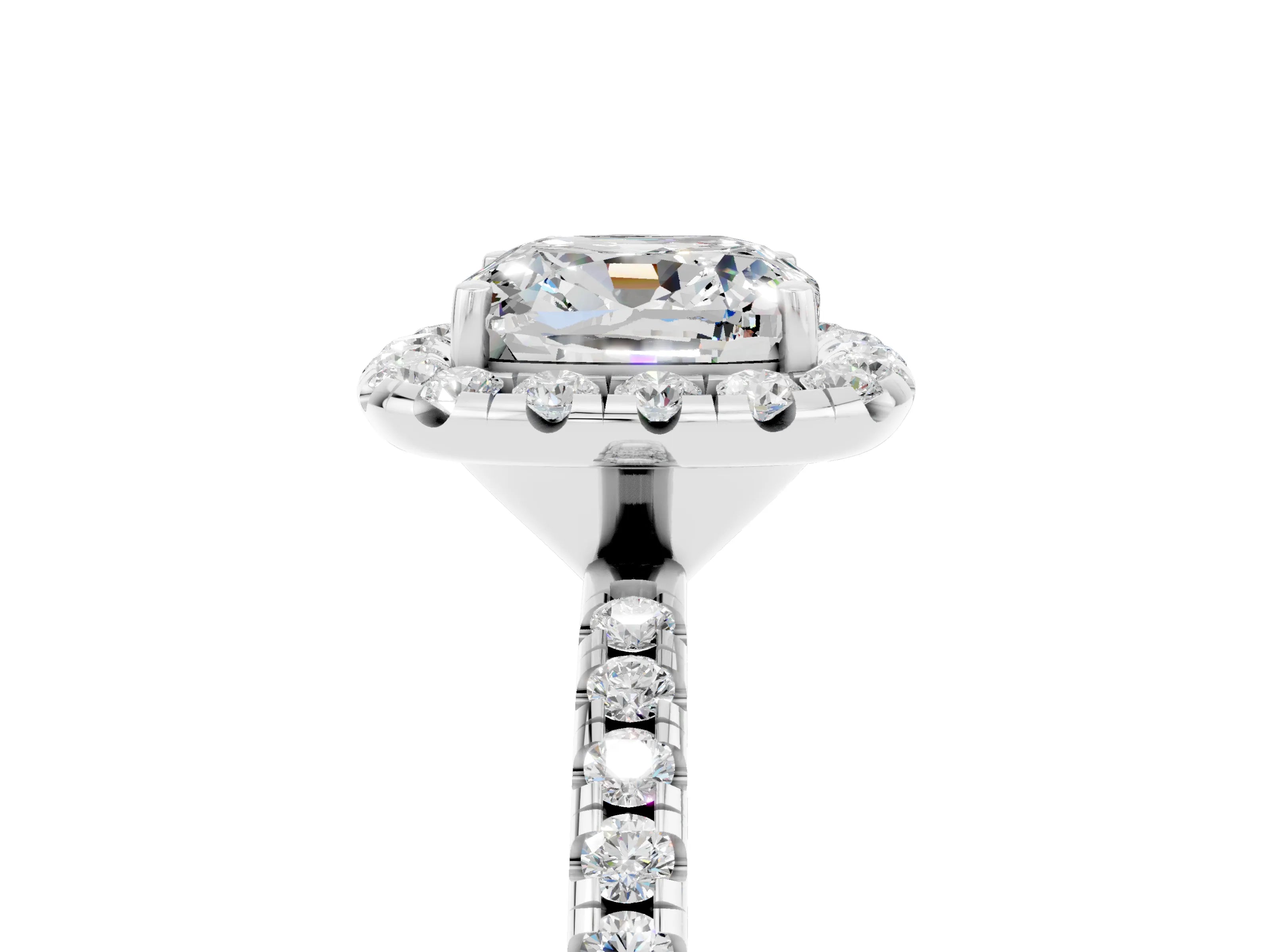 White gold Cushion Cut Cut Diamond Floral Halo Engagement Ring with Pavé Band and Prong Setting_5