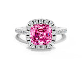 White gold Cushion Cut Cut Diamond Floral Halo Engagement Ring with Pavé Band and Prong Setting