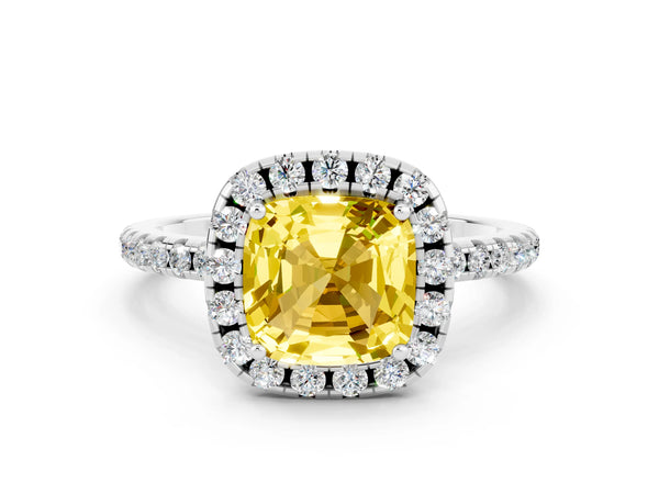 White gold Cushion Cut Yellow Sapphire Halo Engagement Ring with Round Pavé Band and Prong Setting