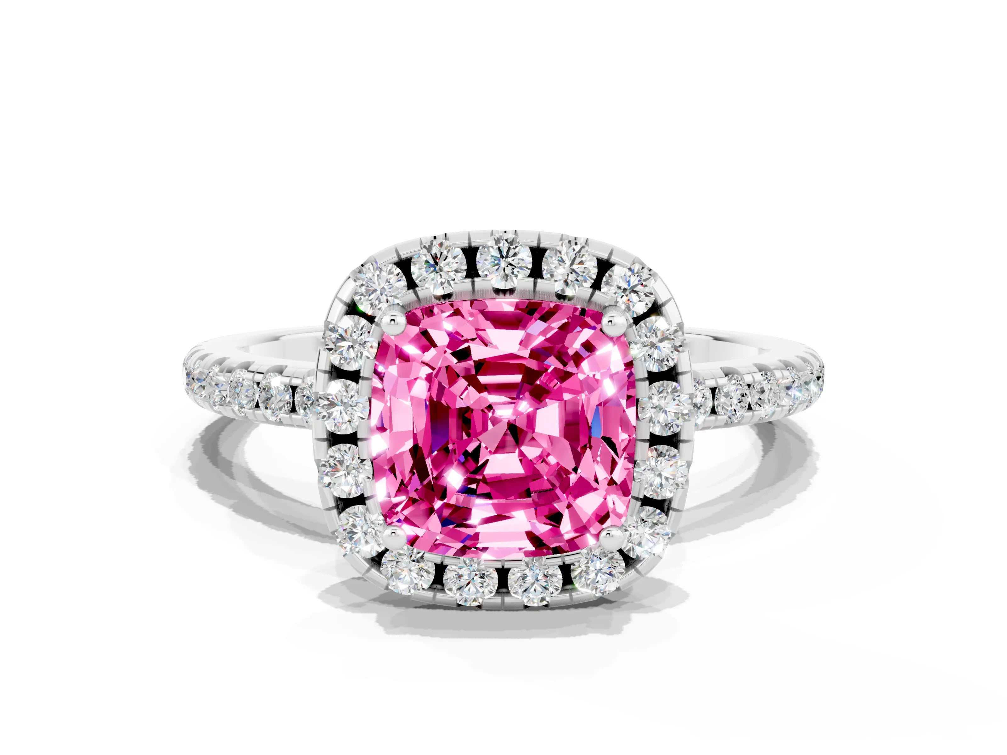 White gold Cushion Cut Cut Diamond Floral Halo Engagement Ring with Pavé Band and Prong Setting