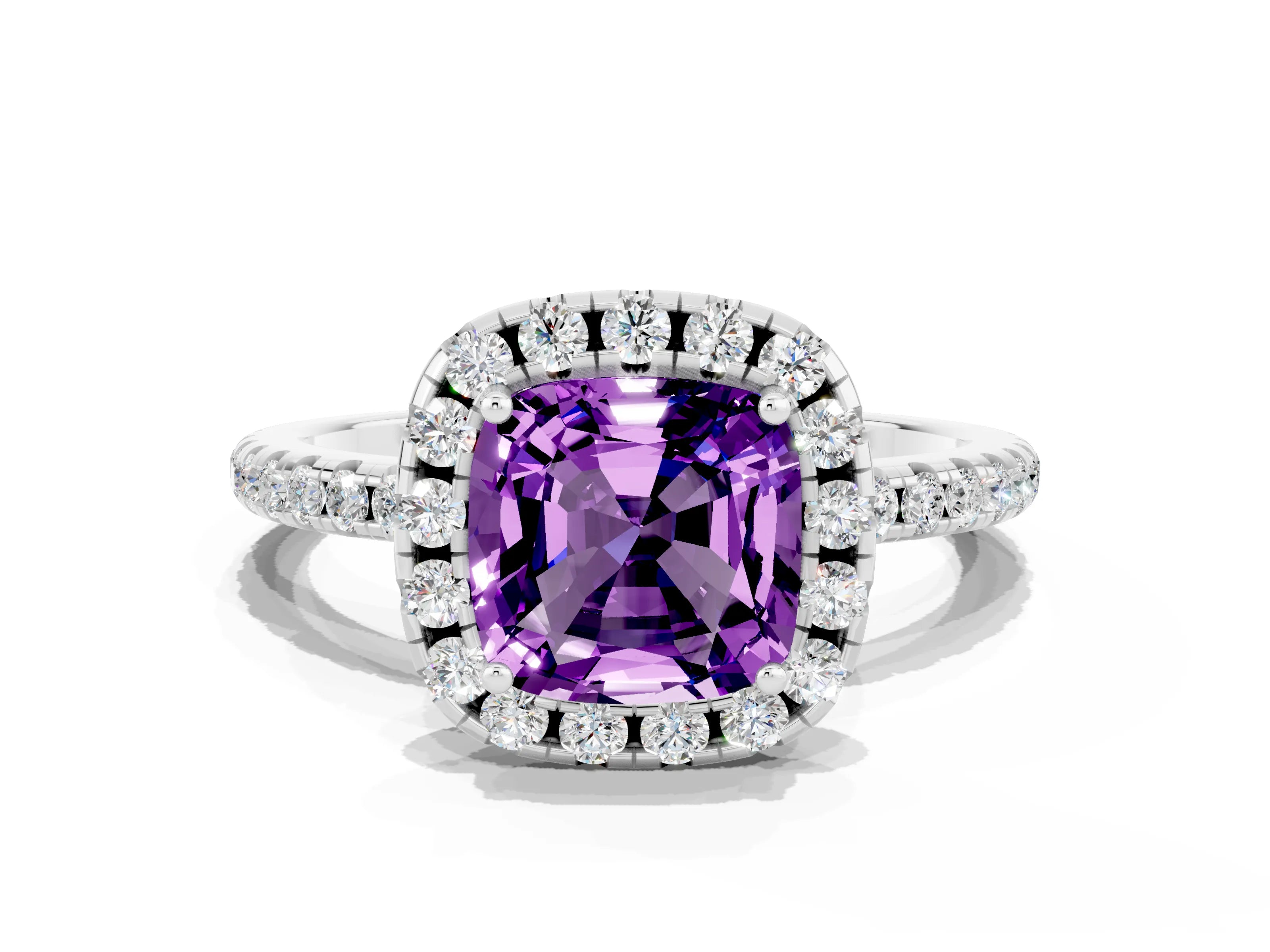 White gold Cushion Cut Cut Diamond Floral Halo Engagement Ring with Pavé Band and Prong Setting