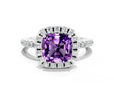 White gold Cushion Cut Cut Diamond Floral Halo Engagement Ring with Pavé Band and Prong Setting