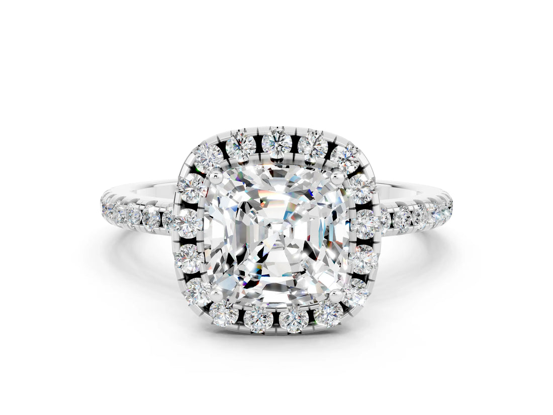 White gold Cushion Cut Cut Diamond Floral Halo Engagement Ring with Pavé Band and Prong Setting