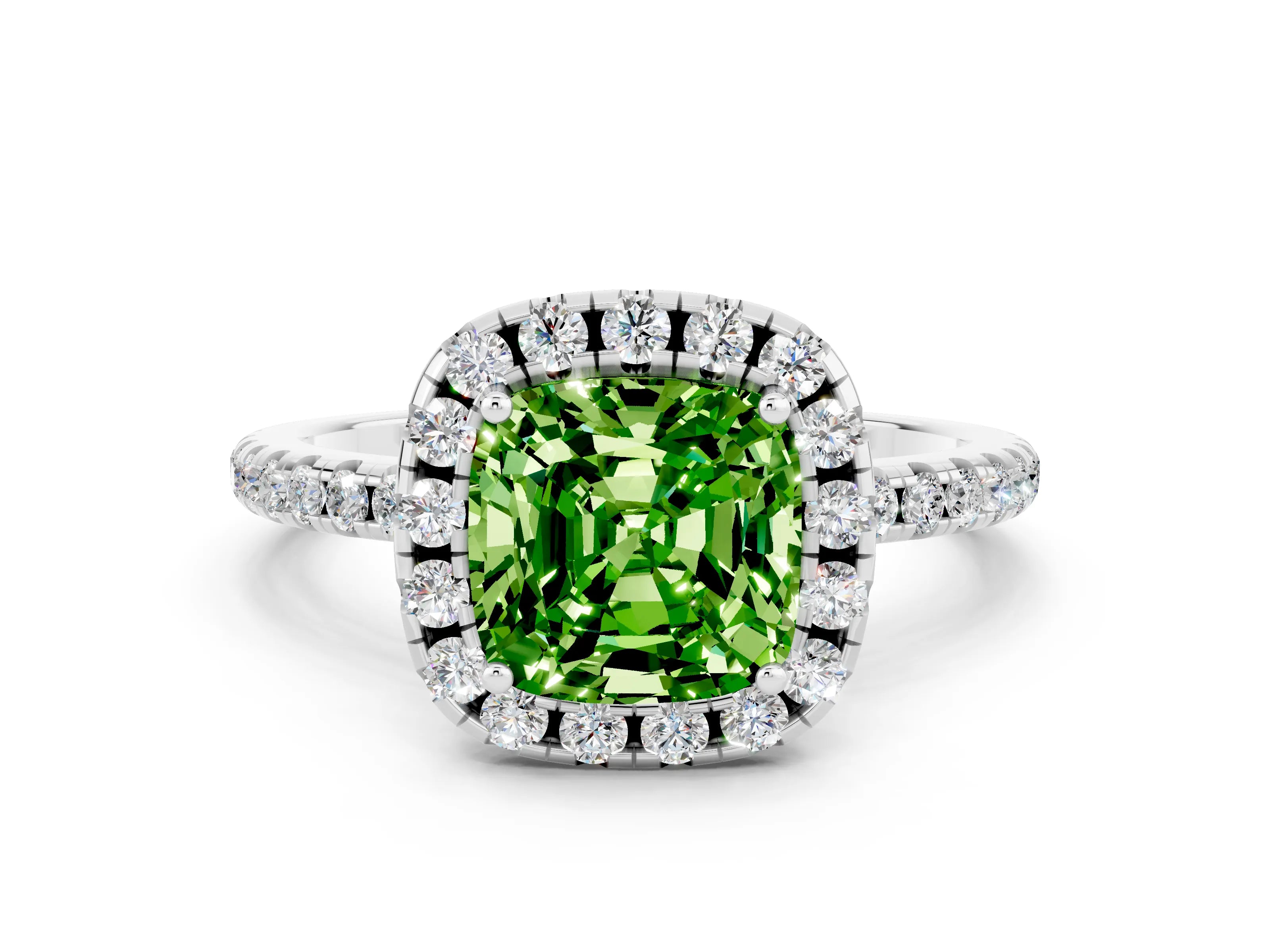 White gold Cushion Cut Cut Diamond Floral Halo Engagement Ring with Pavé Band and Prong Setting