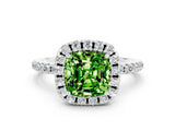 White gold Cushion Cut Cut Diamond Floral Halo Engagement Ring with Pavé Band and Prong Setting