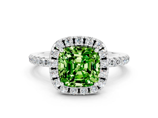 Silver Cushion Cut Cut Diamond Floral Halo Engagement Ring with Pavé Band and Prong Setting
