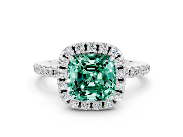 Silver Cushion Cut Green Sapphire Halo Engagement Ring with Round Pavé Band and Prong Setting