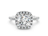 White gold Cushion Cut Cut Diamond Floral Halo Engagement Ring with Pavé Band and Prong Setting